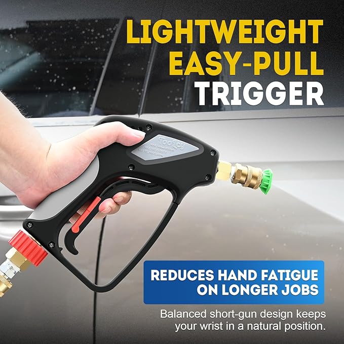 TOOLCY Pro Short Pressure Washer Gun 5000 PSI with 360° Swivel,3/8" Quick Connect Inlet, Power Washer Gun with 1/4" Quick Connect Outlet, Includes 3/8" QC to M22-14mm Adapter & 5 Nozzle Tips