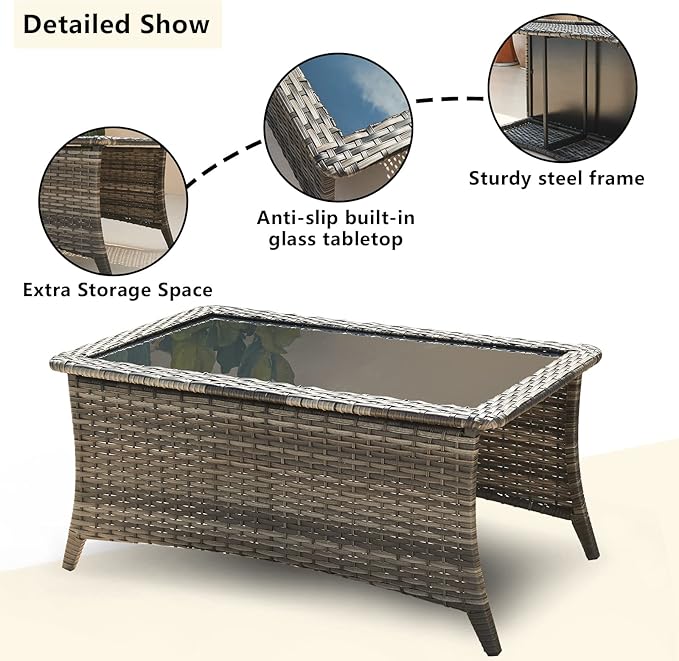 HUMMUH 4 Pieces Outdoor Furniture Patio Furniture Set Wicker Outdoor Sectional Sofa with Swivel Rocking Chairs,Outdoor Coffee Table,Grey/Grey