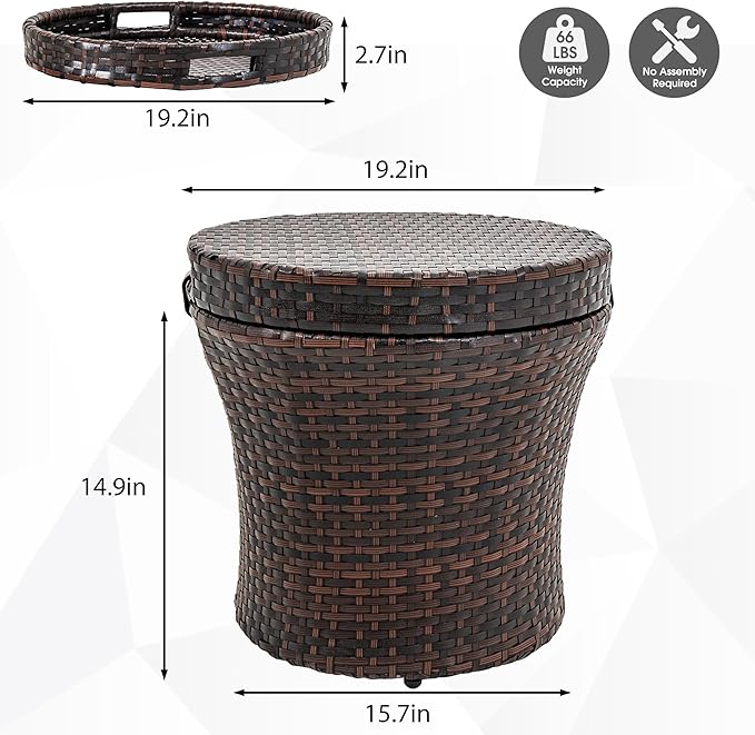 Sundale Outdoor Wicker Side Table with Storage, 20 Inch Small Patio Rattan End Table Accent Tables with Lid, Steel Frame Lightweight Brown