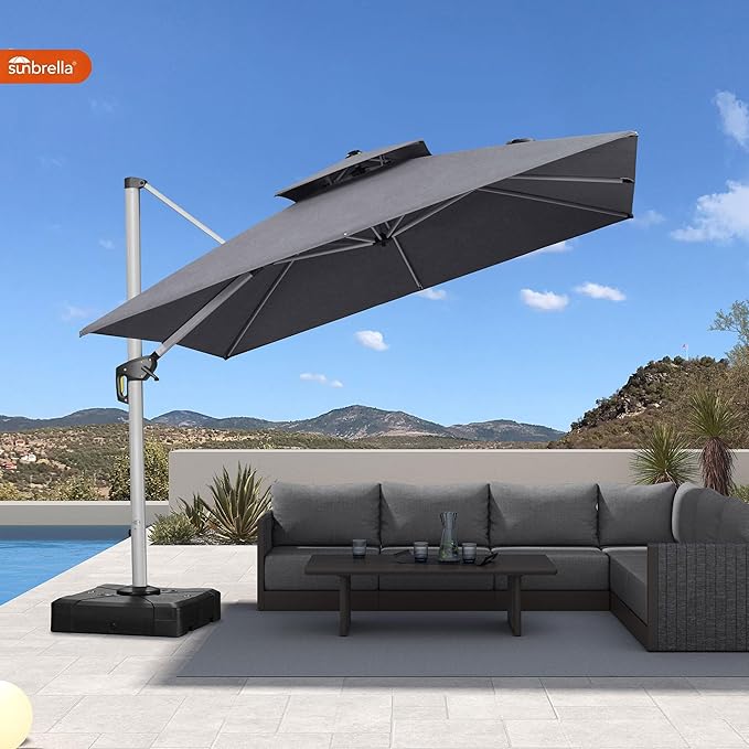 PURPLE LEAF 10ft Cantilever Outdoor Patio Umbrella Large Heavy Duty 360° Rotation Double Top Offset Rectangular Umbrellas for Backyard Deck Pool, Cast Slate