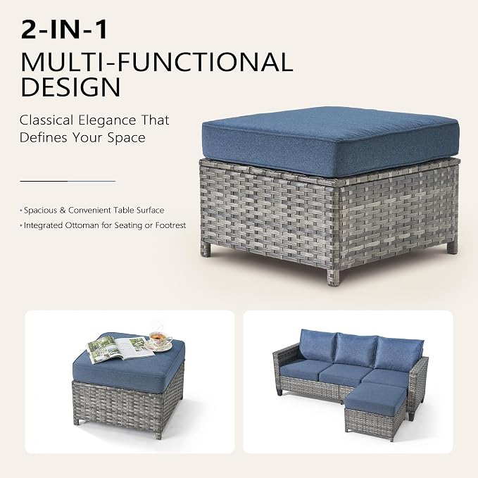 CAODOC 8-Piece Outdoor Wicker Patio Set with 9 Seats, Including 43" Fire Pit - Sectional Sofa and Conversation Set for Backyard or Lawn, Gray Rattan with Waterproof Blue Cushions