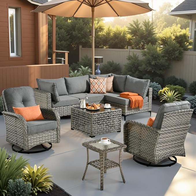 CAODOC Outdoor Sectional Patio Furniture Set,8 Pieces Wicker Conversation Sets L Shaped Couch,Out Door Sofa Outside Furniture with Swivel Chairs,Dark Gray