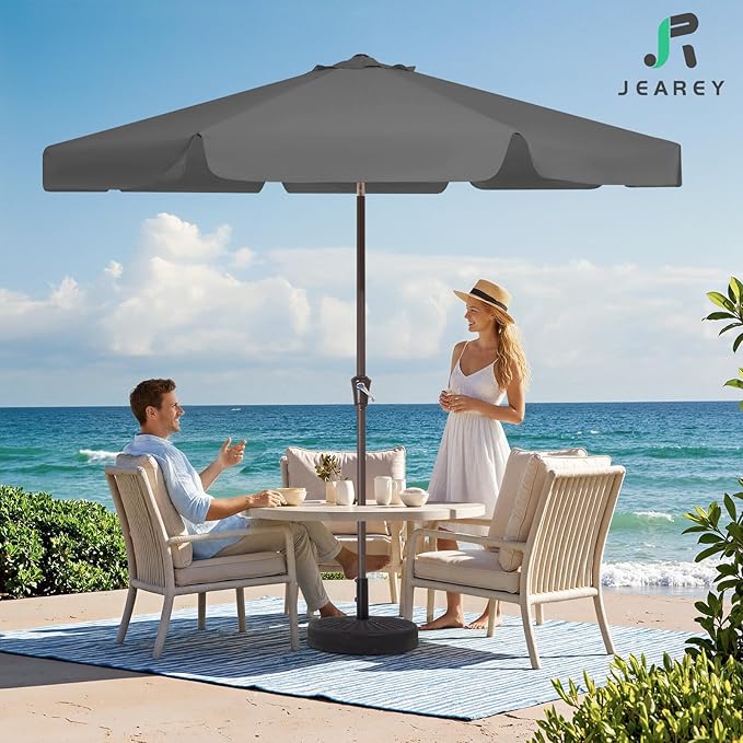 JEAREY 9 FT Patio Umbrella Outdoor, Table Umbrellas Market Umbrella w/Push Button Tilt/Crank, 8 Sturdy Ribs(Gray)