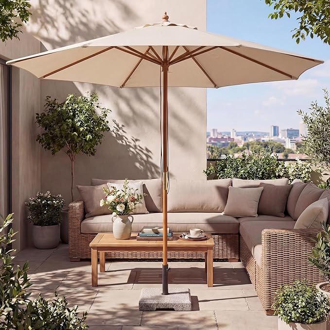 HAPPYGRILL 9 FT Patio Umbrella, Outdoor Table Market Umbrella with 8 Sturdy Bamboo Ribs, Wood Pole, Sun-Protective Double-Tier Canopy, Air Vent, Sunshade Parasol for Garden Deck Backyard Pool (Beige)