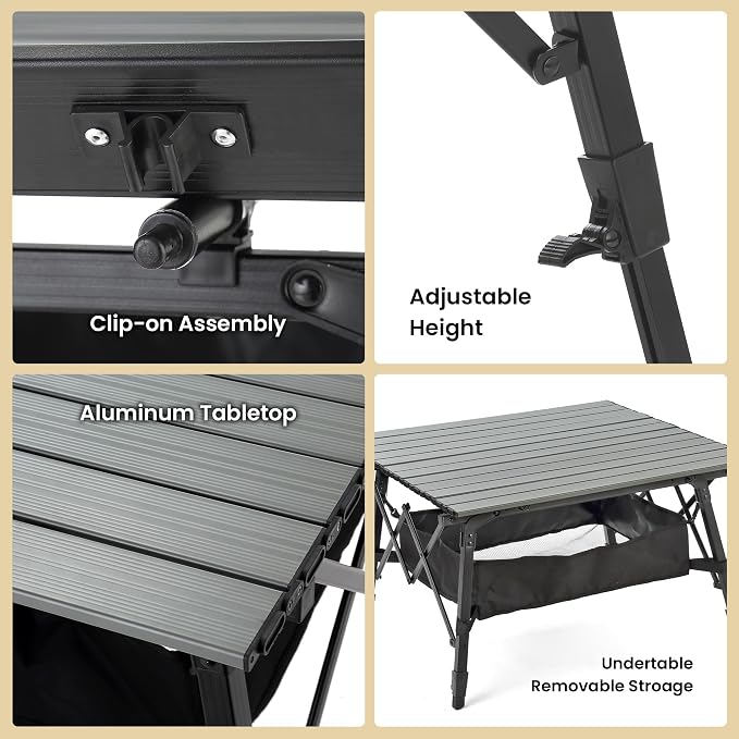 ARROWHEAD OUTDOOR 39" Aluminum Folding Camp Roll Up Table w/Adjustable Height, Undertable Mesh Storage, Carry Bag