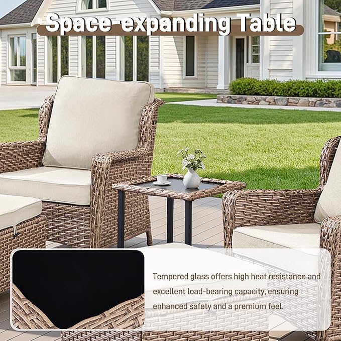 5 Piece Patio Furniture Set with Ottomans, PE Wicker Outdoor Chairs with Cushions & Tempered Glass Table, Space-Saving Balcony Furniture Set for Porch, Garden, Backyard, Beige