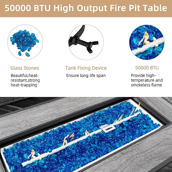 JAMFLY 8 Piece Outdoor Patio Furniture Set with Propane Fire Pit Table, All-Weather PE Wicker Rattan Sectional Sofa Set with Thick Cushions for Backyard, Garden, Poolside(Blue, Black)