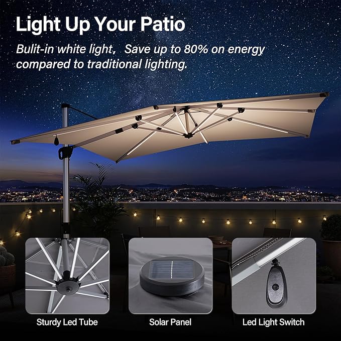 LAUSAINT HOME 10FT Square Cantilever Patio Umbrella with Solar Lights, Windproof Heavy Duty Offset Outdoor Umbrella for Backyard, Pool, Garden & Deck, Gray