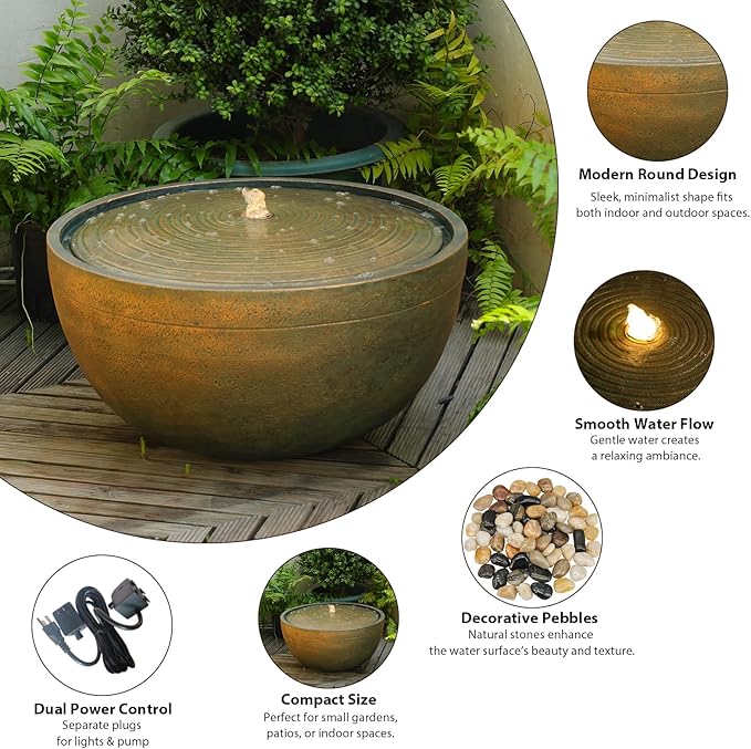 Tankana Garden Water Fountain Outdoor Bubbler Large Water Feature Outdoor Fountains with Pebbles Waterfall Fountains for Patio Deck Yard Home Decor Gold, 23.5 "L X 23.5" W X 13" H