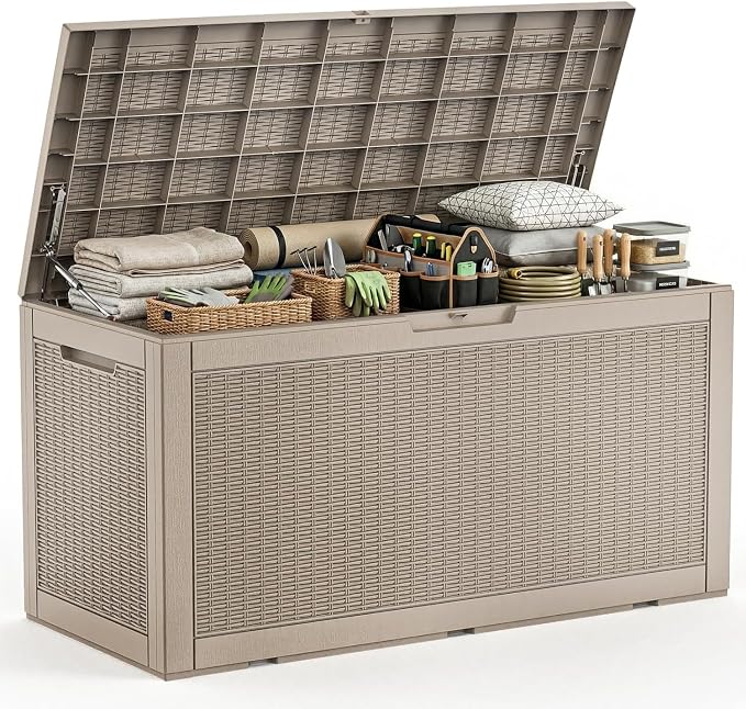 Outdoor Waterproof Resin Storage Deck Box Lockable Outside Bench UV Resistant Bin Patio Porch Furniture Pool Float Garden Tool Cushion