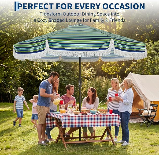 Garvee 10FT Fringe Patio Umbrella with Crank Handle, Push Button Tilt for Sun Shade, 8 Fiberglass Ribs,1.5"D Premium Steel Pole, Outdoor Large Tassel Umbrella for Patio Beach Pool Backyard,10' Stripe
