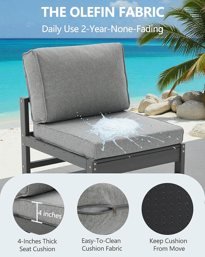 HDPE Outdoor Patio Chair Set with Cushions, 3-Piece Armless Chair Conversation Set with 2 Weatherproof Armless Chairs and Side Table, All-Weather Waterproof Outdoor Seating for Porch, Balcony & Garden