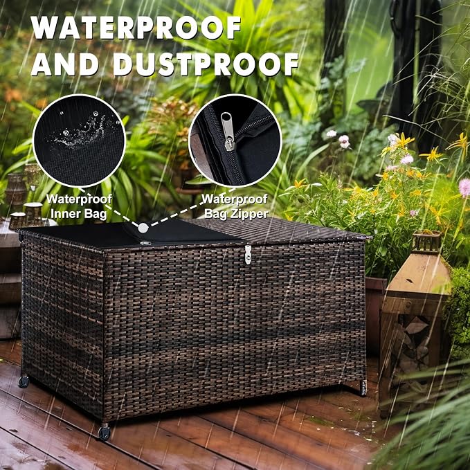 Outdoor Storage Box, 120 Gallon Waterproof Resin Wicker Deck Box for Patio Garden Furniture, Outdoor Cushion Storage, Padlock Included