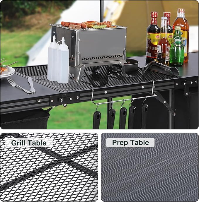 REDCAMP 6 ft Portable Camping Kitchen Table, Tri-fold Camping Grill Table Cook Station with Storage Organizer and Telescoping Light Stand for BBQ, Party and Picnic