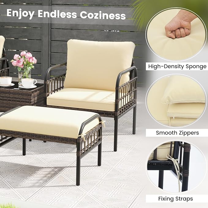Tangkula 5 Piece Patio Conversation Set, Outdoor Wicker Chair Set w/Ottomans & Coffee Table, Comfy Seat & Back Cushions, Patio Wicker Woven Furniture Set for Backyard, Poolside (Beige)