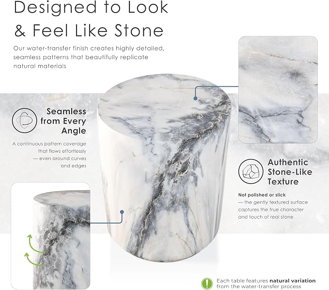 24/7 Shop at Home Ranera Modern 14-inch Natural Stone Side Table with Round Drum Base, Marble Nightstand, Patio End Table, for Living Room, Covered Outdoor Spaces, Balcony, Blue Gray Marble