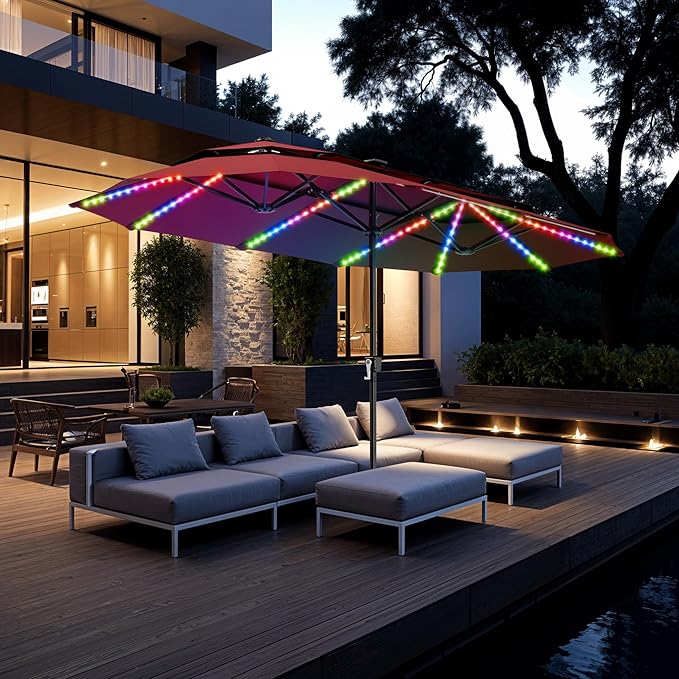PHI VILLA 13ft Patio Umbrella with 120 PCS Solar-Powered LED Color-Changing Lights, 2-Tier Double-Sided Large Rectanglular Umbrella with Base Included, Wine Red