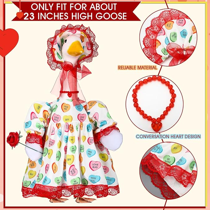 Suzile Valentines Porch Goose Outfit Conversation Heart Clothes for 23" High Cement or Plastic Goose Costume for Yard Lawn Outdoor Garden Patio Geese Statue Dresses Holiday Decor