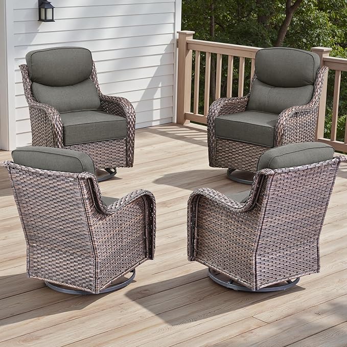 Rilyson Outdoor Swivel Rocker Chairs - All Weather Resistant Wicker Patio Furniture Set of 4 with High Back and 6 inch Thick Cushions for Deck Porch Yard and Poolside, Brown/Grey