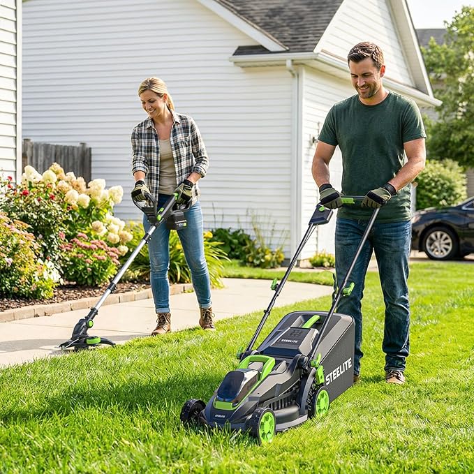 STEELITE 20V Electric Lawn Mower & 12-Inch 2-in-1 String Trimmer/Edger Combo, 13-Inch Cordless Mower with 4.0Ah + 2.0Ah Batteries & Charger, 5 Replacement Spools for Small Lawns