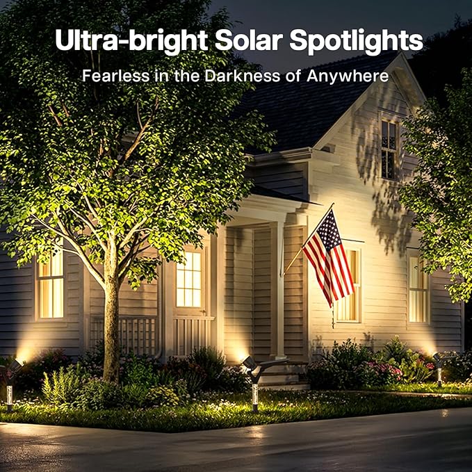Solar Lights Outdoor Waterproof Spot Lights, 4 Pack Solar Powered Garden Spotlights for Outside Yard Pathway House Landscape Lighting, Auto On/Off, 3000K Warm White