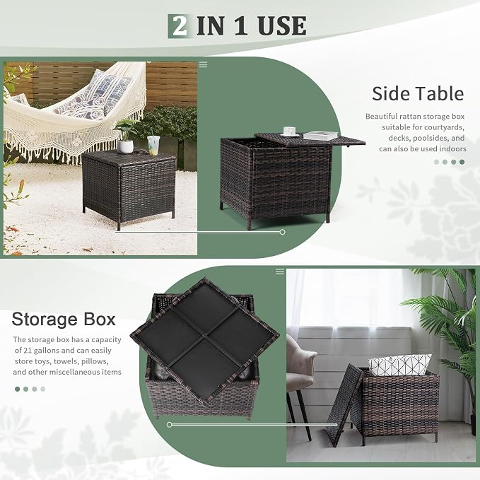 Outdoor Small Deck Box with Lid, Outdoor Wicker Side Table with Storage, Wicker Storage Box Patio Rattan End Table Small Resin Square Container Coffee Table Outdoor Side Table Patio Storage Box