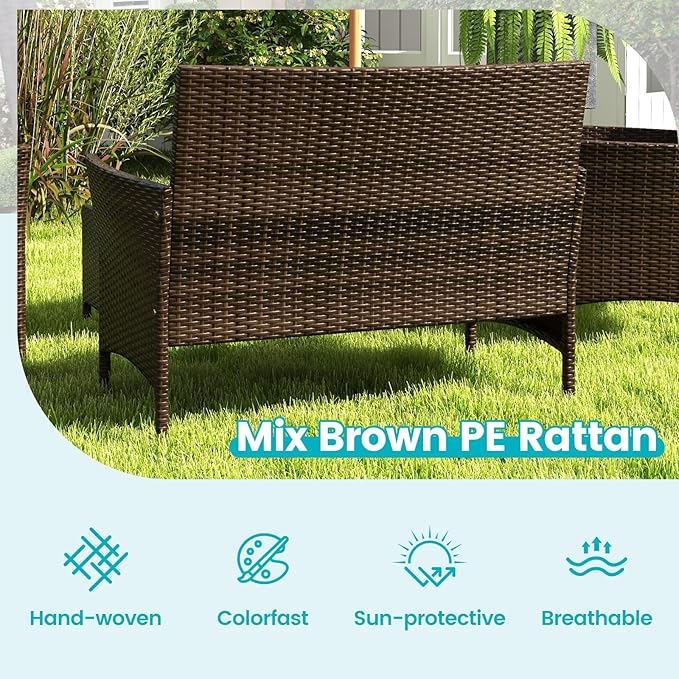 RELAX4LIFE 8-Piece Patio Furniture Set - Rattan Outdoor Conversation Bistro Set w/Cushions, Glass Coffee Table, Wicker Chairs & Loveseat for Garden Backyard Porch, Balcony Furniture Set (2, Turquoise)