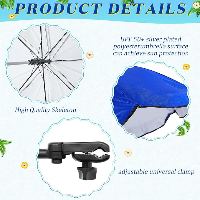 Buryeah 2 Pcs Beach Chair Umbrella Automatic with Universal Adjustable Clamp 44" UPF 50+ Portable Clamp on Beach Chair for Wheelchair Patio Golf Carts Camping