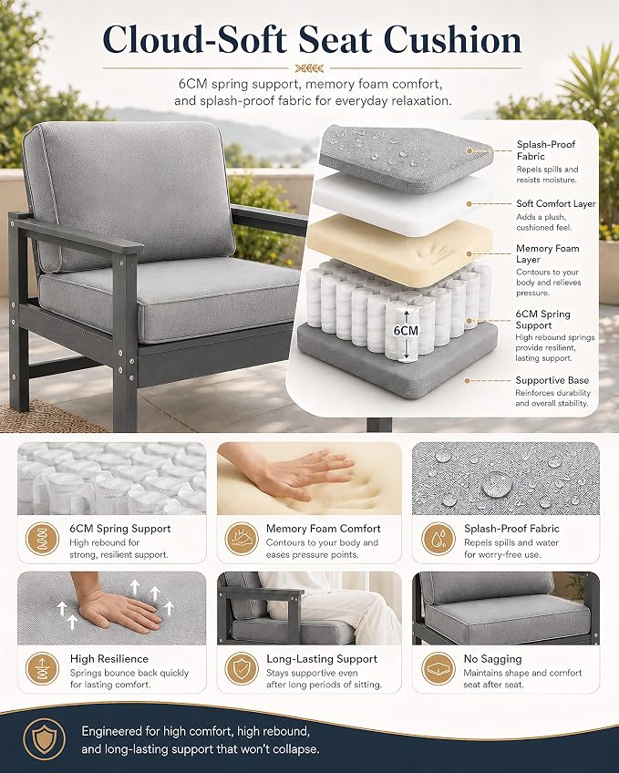 HDPE Outdoor Patio Furniture Set with Cushions, 8 Piece Patio Conversation Set Sofa Set,All Weather Outdoor Couch Set with Coffee Table for Lawn, Garden, Deck