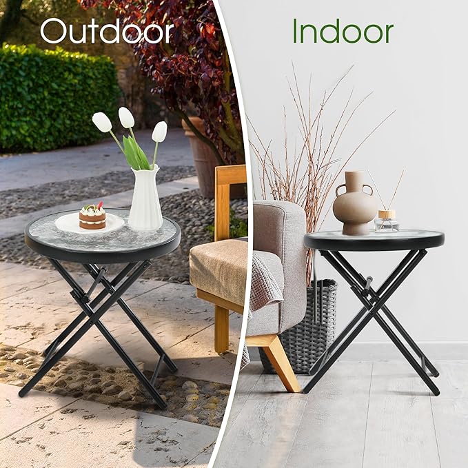 HOMEFUN Outdoor Side Tables - Folding Patio End Table with Tempered Glass Tabletop, Portable Bistro Coffee for Porch Yard, Balcony, Garden, Deck, Poolside, Transparent Glass