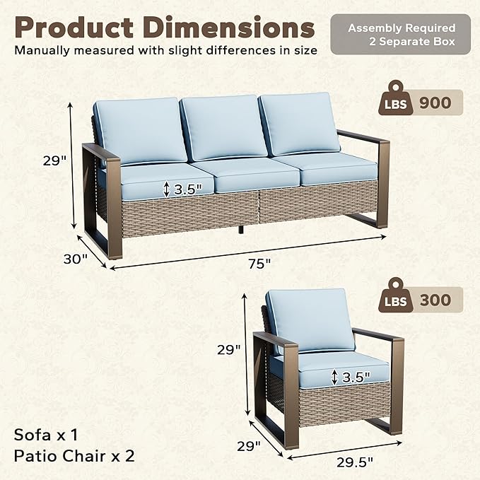Wicker Patio 75" Sofa Set with Two Armchairs, All Weather Rattan Outdoor Conversation Furniture Set with Wood-Looking Metal Armrest & Removable Cushions for Deck Backyard Porch, Baby Blue