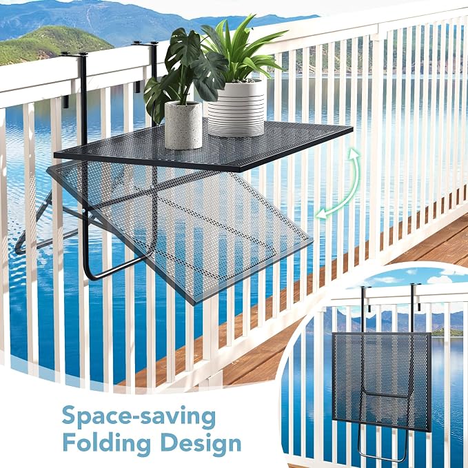 Giantex Balcony Table, Folding Outdoor Side Table for Railings Up to 2.4" Thick, Space-Saving Railing Serving Table with Metal Frame, Foldable Bar Table for Patio, Porch, Deck (24”x20”x20”)