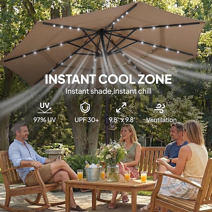 Outsunny 9.7 ft Outdoor Patio Umbrella with 32 Solar LED Lights, 3 Tier Outdoor Table Market Umbrella with Tilt and Crank, 8 Ribs for Garden, Deck, Yard, Poolside
