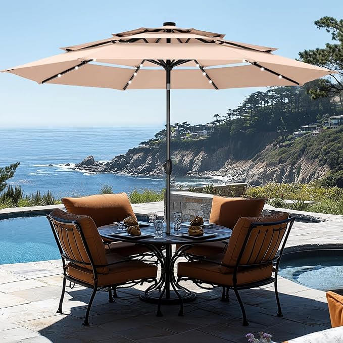 GREEN PARTY 10ft Patio Umbrella with Solar Lights, Auto-Tilt Lighted Market Table Umbrellas with Crank, 8 Sturdy Ribs & 1.5" Pole outdoor umbrellas for Patio Garden Deck Backyard Pool, Beige
