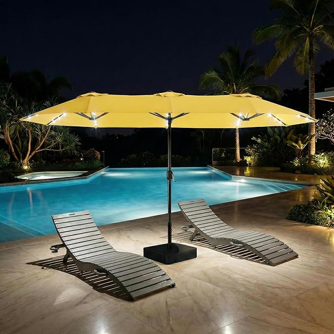 15ft Large Patio Umbrella with Solar Lights and Base, Double-Sided Outdoor Rectangle Umbrella with 48 LED Lights, Market Table Umbrellas with UV Resistant Canopy