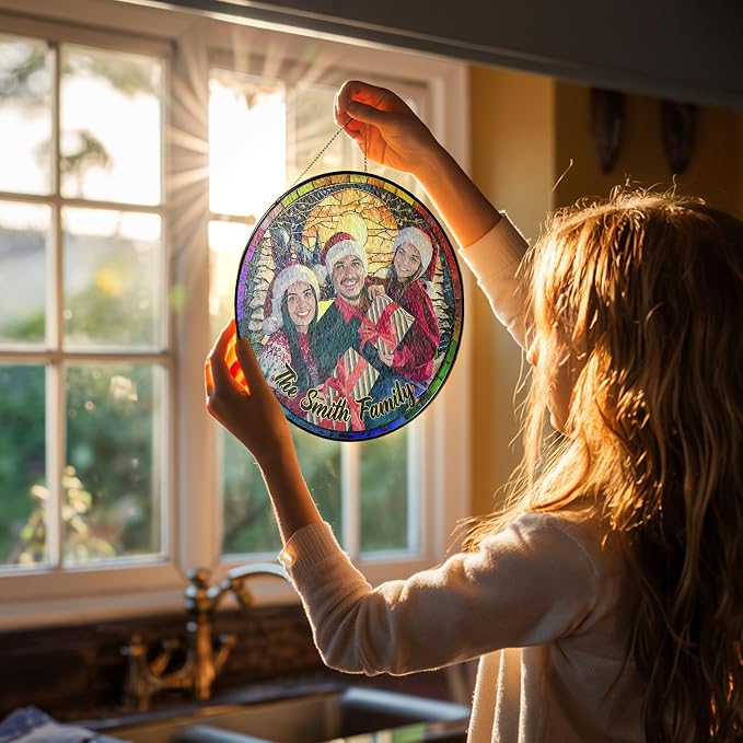 Personalized Stained Glass Christmas Suncatcher – Custom Family Photo Window Decor – First from Mom and Dad – Holiday Tree Ornament Keepsake