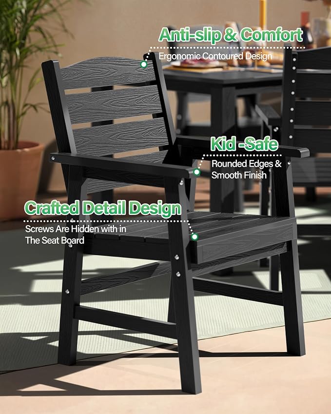 YEFU Outdoor Dining Chairs Set of 4: All-Weather Outdoor Chairs Set of 4 with Wide Seat and Armrests - Heavy-Duty Furniture Set Modern Patio Dining Chair for Outside/Deck/Pool 350lbs Capacity Black