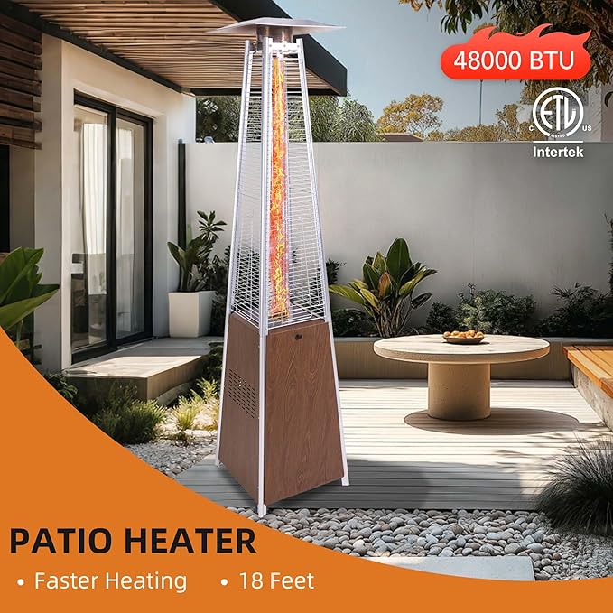 【48,000 BTU Pyramid Patio Heater】Outdoor Propane Heater with Wheels & Cover, 360° Heating for Terrace Garden Poolside, Commercial Residential Use, Stainless Steel Glass Tube Design (Brown)