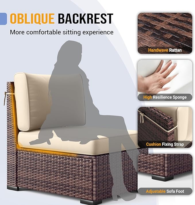 Outdoor Patio Furniture Set with 44" Fire Pit Table 8 Pieces Rattan Patio Sectional Sofa Conversation Set w/55000 BTU Propane Gas Fire Pit, Coffee Table, 2 Waterproof Covers, Khaki