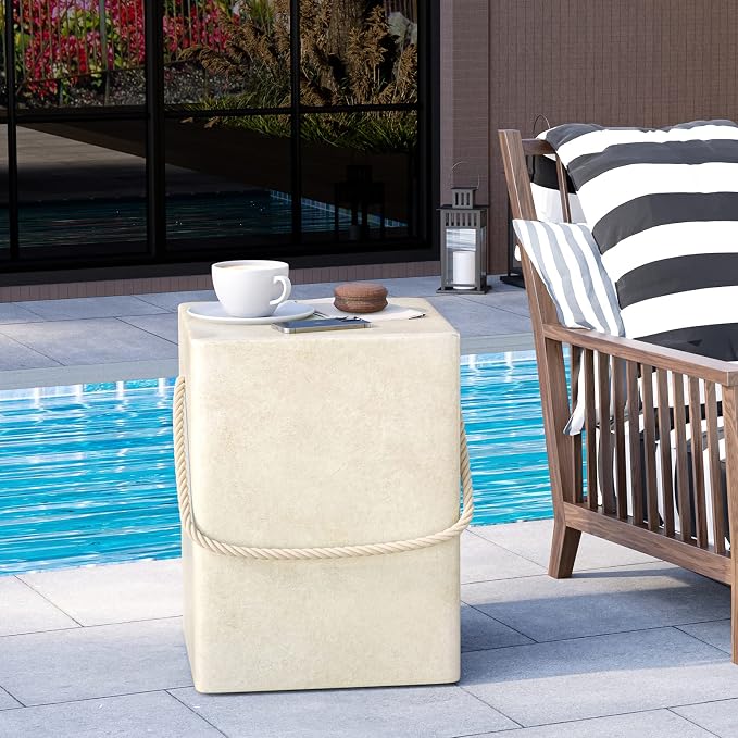 HOMPUS Outdoor Side Table Sets of 2 w Hemp Rope Handle, 2 Pieces Patio MgO Concrete Natural End Table, Square Accent Table Sets, Small Coffee Table for Garden, Patio, Porch and Deck, Warm Grey