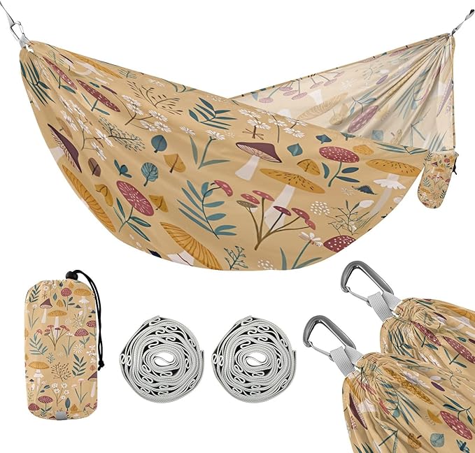 Mushroom Pattern Camping Hammock, Portable Lightweight Single Hammock with Tree Straps and Aluminum Carabiners, 114" x 54" Travel Hammock for Hiking Backpacking Beach