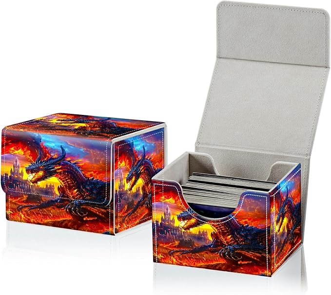 Card Deck Box for MTG, Cards Storage Box Fits 120+ Sleeved, Leather Small Size Strong Magnetic Closing Card Case for Board Games Magic TCG CCG Baseball Collection, Castle Flaming Dragon