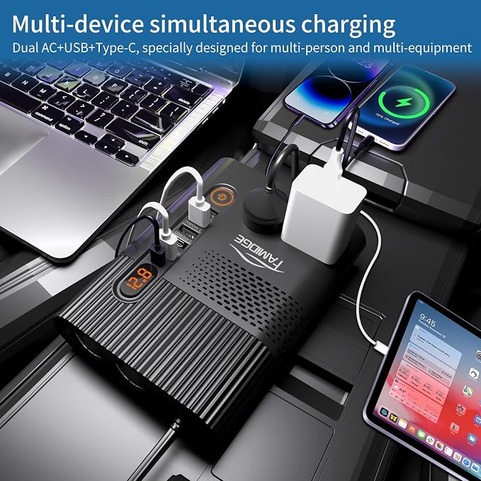 300W Car Power Inverter 12V to 110V, PD3.0 QC3.0 Fast Charging, 10-in-1 Ports Car Inverter, 3USB 1Type-C 2AC 2Cigarette Lighter, LED Display, Silent Fan, Multi-Protection for Car RV Camping Travel