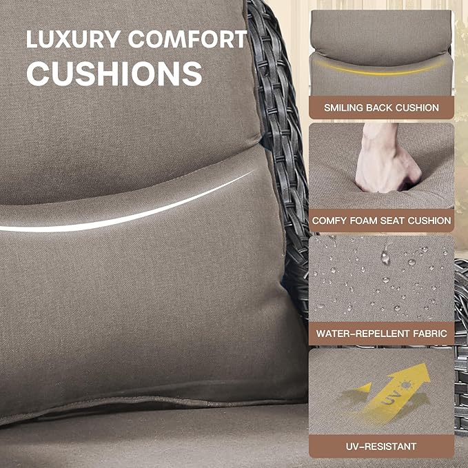 Patio Luxury Conversation Set - 6PCS Resin Wicker Swivel Chairs, 4 Chairs With Rattan Side Table and 30in Square Fire Table - Grey Wicker|Grey Cushions