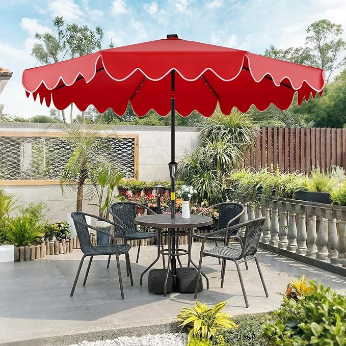 Tangkula 9 FT Solar Patio Umbrella with Base Included, 2-Tiers Outdoor Scalloped Table Umbrella with 32 LED Lights, 2 Sandbags, Tilt Adjustment, Crank, 8 Ribs for Market Backyard Pool Deck Beach Lawn