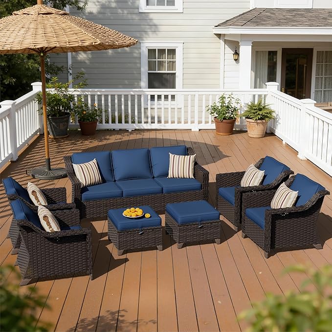 7 Pieces Patio Conversation Furniture Set - 1 Sofa, 2 Ottomans, 4 Armchairs, Outdoor Wicker Furniture with Removable Cushions for Porch, Balcony, Sunroom (Blue)