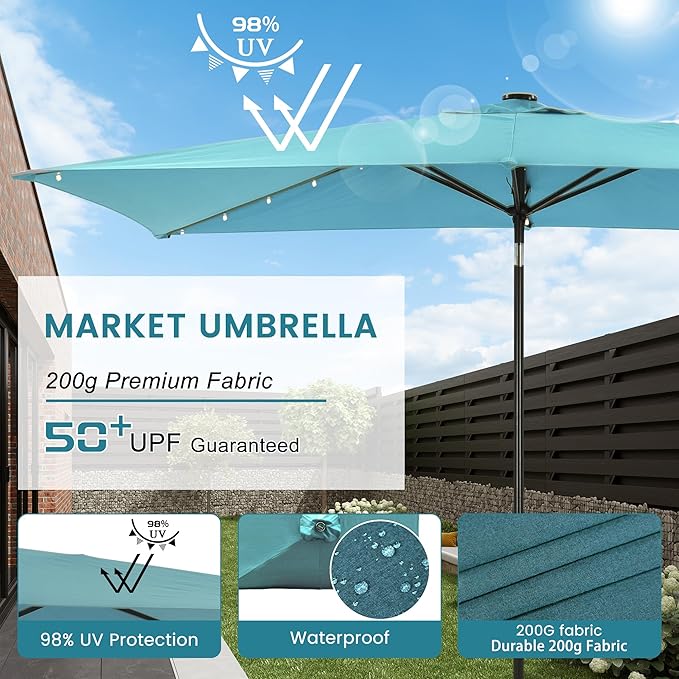 MONDAWE Rectangular Market Umbrella with Lights 10 x 6.5 FT Outdoor Solar LED Patio Umbrella Tilt and Crank Aluminum Commercial Table Umbrella for Pool Backyard Balcony