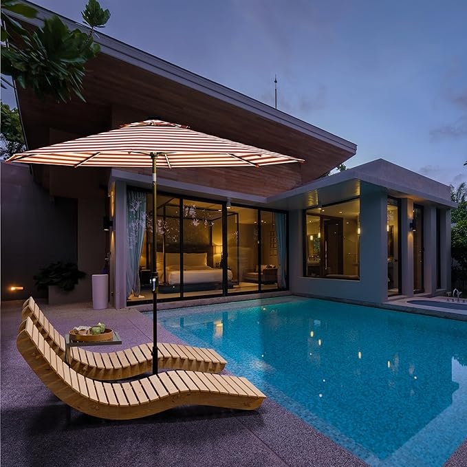 Midtown Umbrellas The LED Swilt 10 Feet Patio Umbrella With Terylast Red Stripes (Red/White) Polyester Fabric - Auto-Tilt Aluminum Frame With LED Lights For Backyard, Deck, Garden, Pool - Black Pole