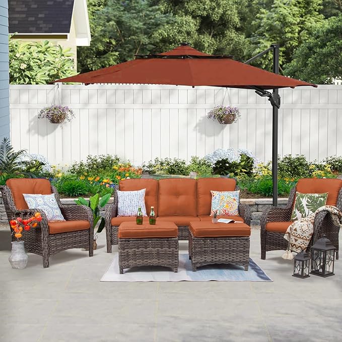 Patio Furniture Set 5-Piece Wicker Outdoor Furniture Conversational Set with 3-Seat Sofa, 2 Armchairs, 2 Ottoman Patio Rattan Wicker Sectional Sofa Set with Olefin Cushions, Orange