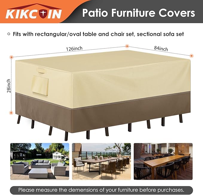 Patio Furniture Covers Waterproof for Dining Table and Chairs, Rectangular Outdoor Furniture Set Cover, Anti-Fade, Tear/Water Resistant Patio Furniture Set Covers, 126" L x 84" W x 28" H
